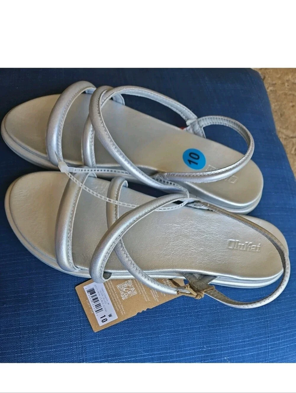 OluKai Tiare Leather Strappy Slingback Sandals In Silver Sz 10, EU 40